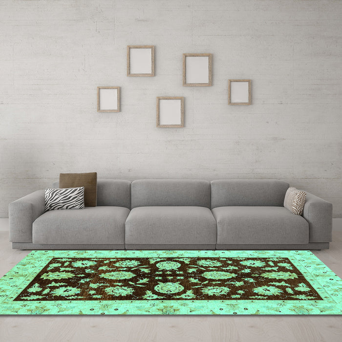 Machine Washable Oriental Turquoise Traditional Area Rugs in a Living Room,, wshabs718turq