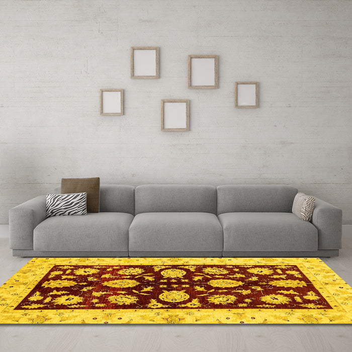 Machine Washable Oriental Yellow Traditional Rug in a Living Room, wshabs718yw