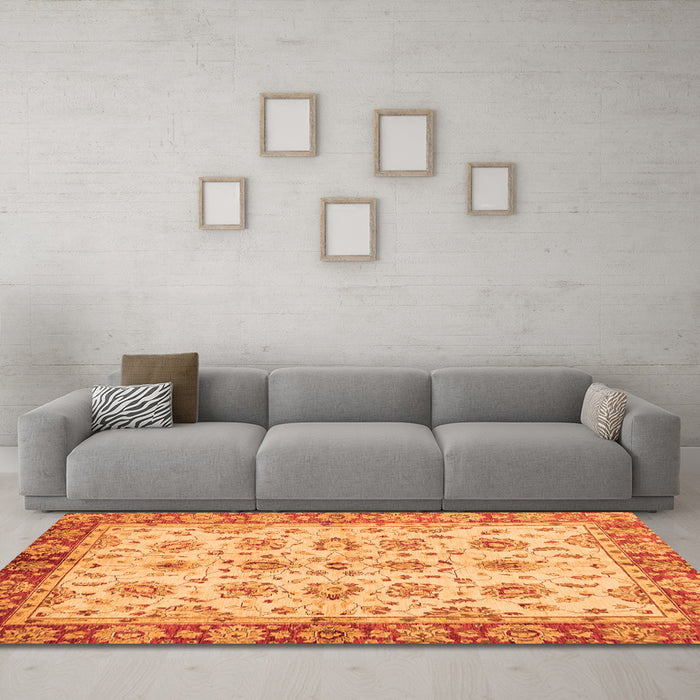 Machine Washable Abstract Orange Modern Area Rugs in a Living Room, wshabs719org