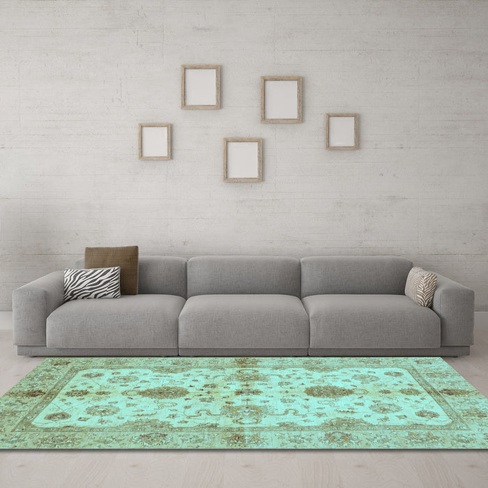 Machine Washable Oriental Light Blue Traditional Rug in a Living Room, wshabs720lblu