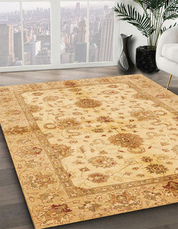 Abstract Chrome Gold Yellow Oriental Rug in Family Room, abs720