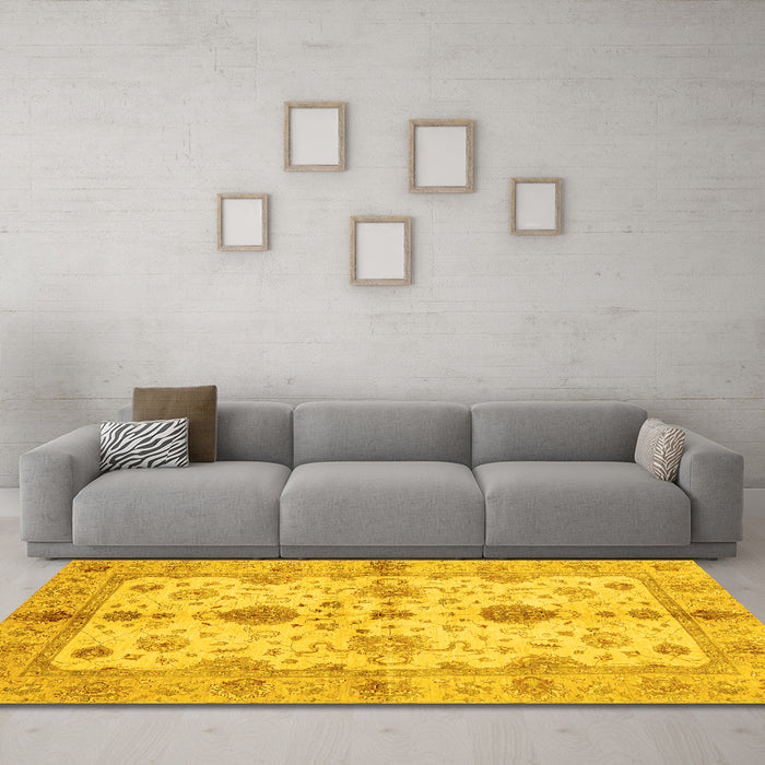 Machine Washable Oriental Yellow Traditional Rug in a Living Room, wshabs720yw