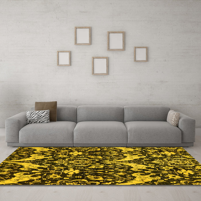 Machine Washable Abstract Yellow Modern Rug in a Living Room, wshabs721yw
