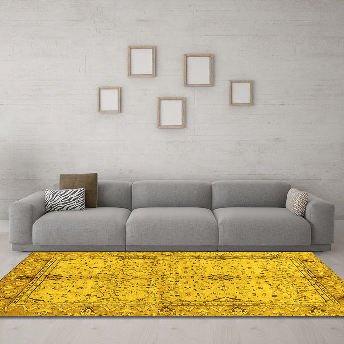 Machine Washable Oriental Yellow Traditional Rug in a Living Room, wshabs722yw