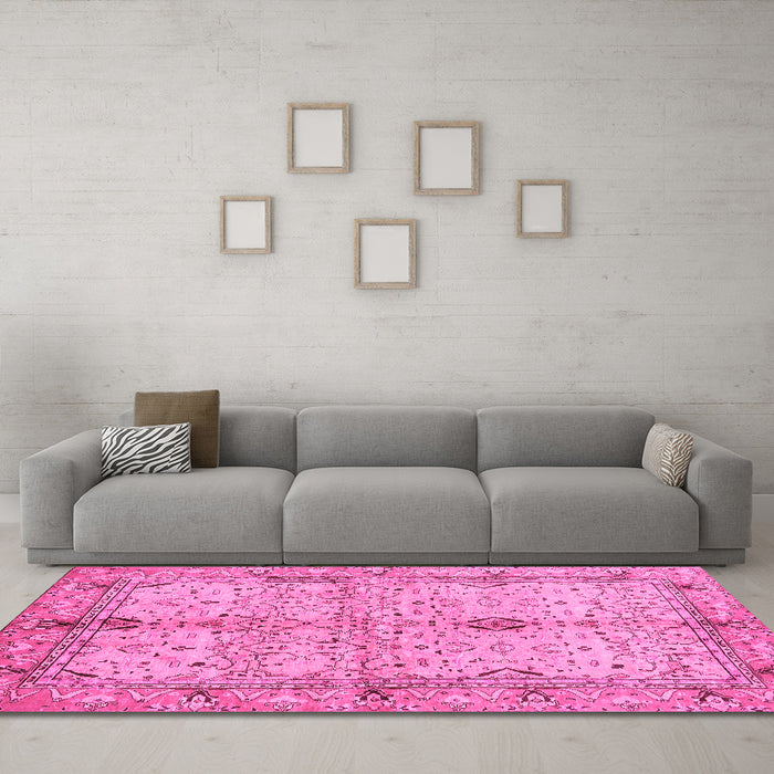 Machine Washable Oriental Pink Traditional Rug in a Living Room, wshabs722pnk