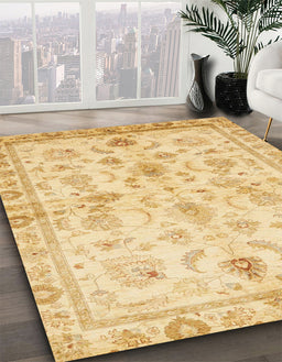 Abstract Mustard Yellow Oriental Rug in Family Room, abs723