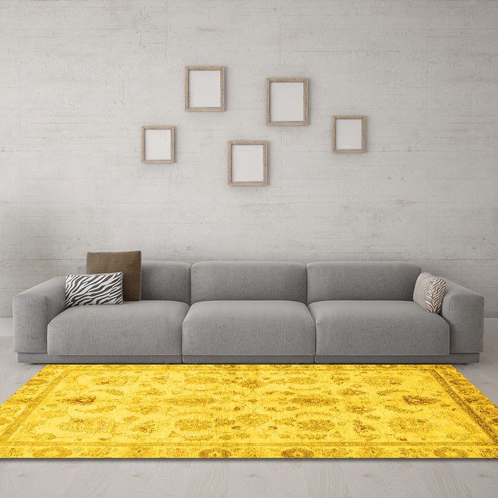 Machine Washable Oriental Yellow Traditional Rug in a Living Room, wshabs723yw