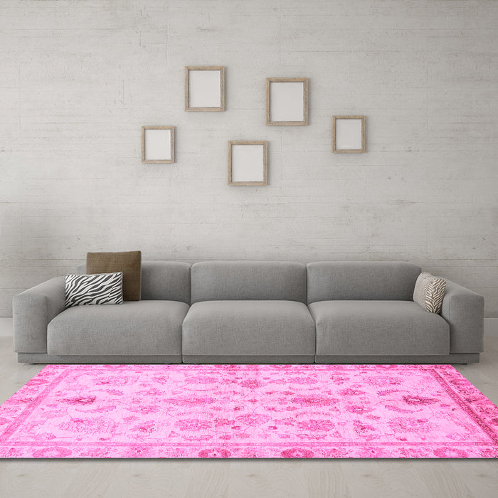 Machine Washable Oriental Pink Traditional Rug in a Living Room, wshabs723pnk