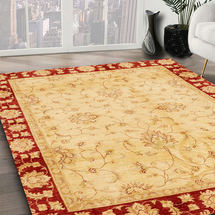 Abstract Chrome Gold Yellow Oriental Rug in Family Room, abs724