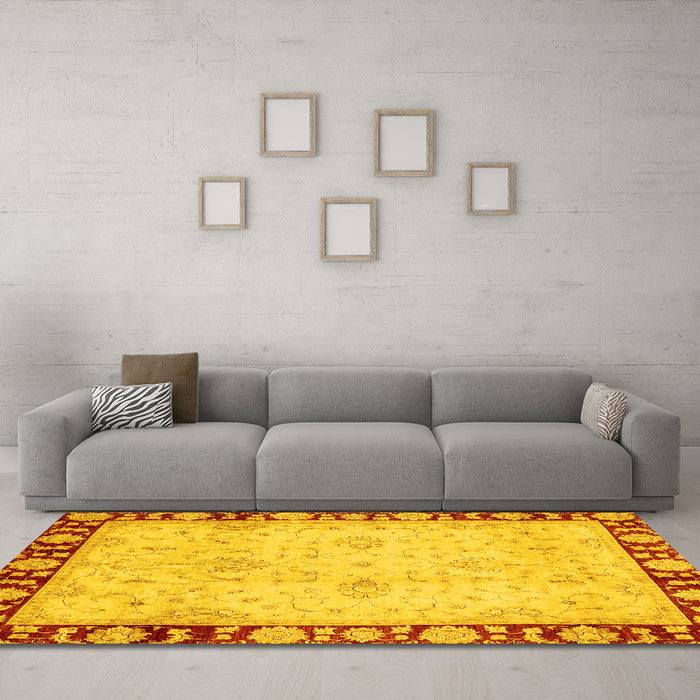 Machine Washable Oriental Yellow Traditional Rug in a Living Room, wshabs724yw
