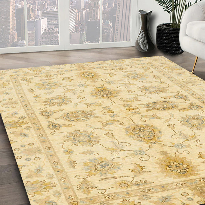 Abstract Brown Gold Oriental Rug in Family Room, abs725