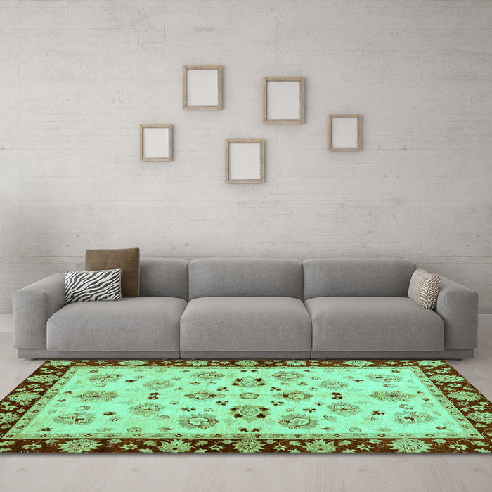 Machine Washable Oriental Turquoise Traditional Area Rugs in a Living Room,, wshabs726turq