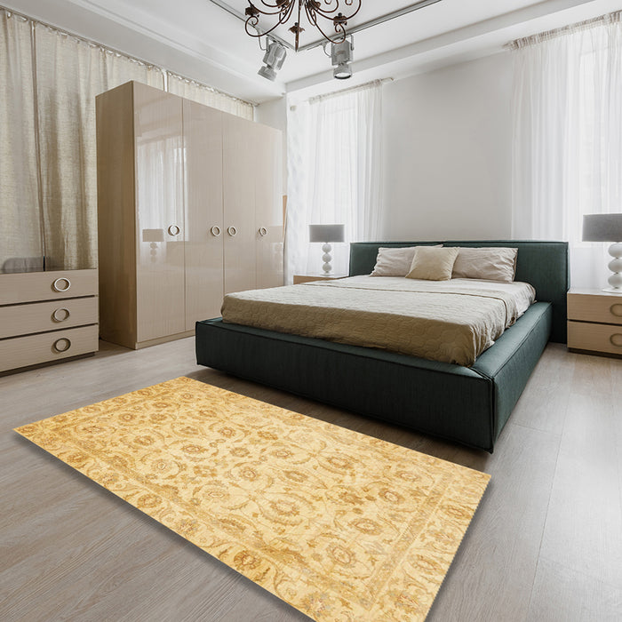 Abstract Chrome Gold Yellow Oriental Rug in a Bedroom, abs727