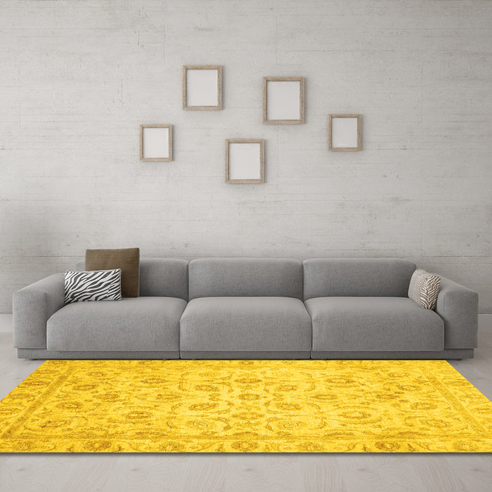 Machine Washable Oriental Yellow Traditional Rug in a Living Room, wshabs727yw