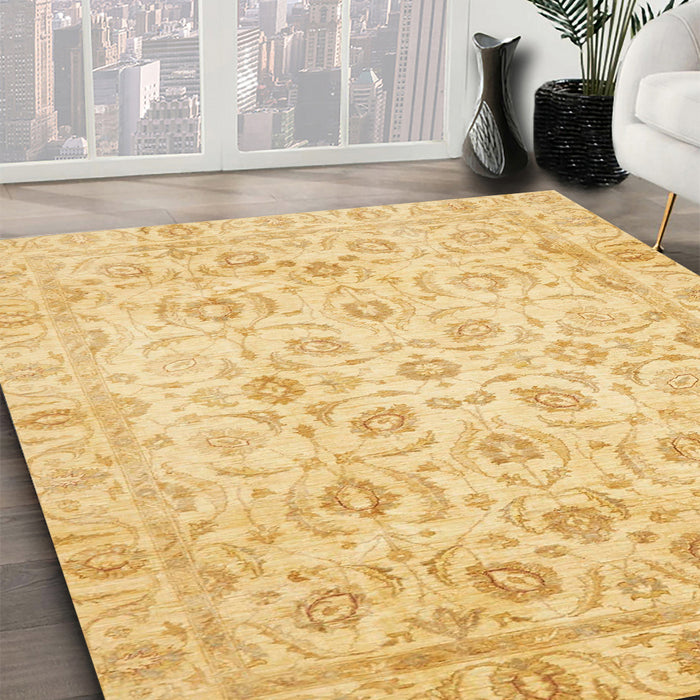 Abstract Chrome Gold Yellow Oriental Rug in Family Room, abs727