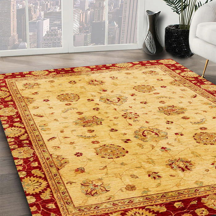 Abstract Saffron Yellow Oriental Rug in Family Room, abs729
