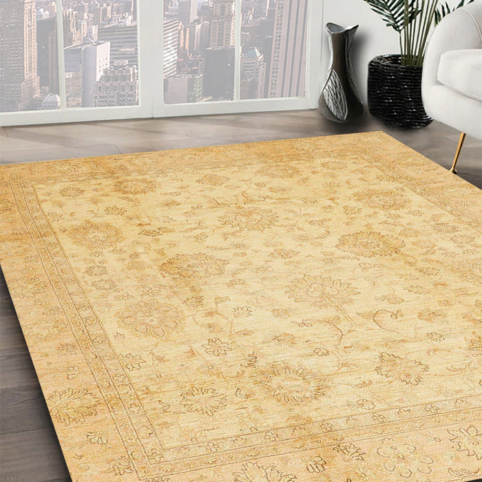 Abstract Mustard Yellow Oriental Rug in Family Room, abs730