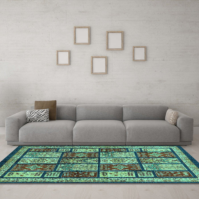 Machine Washable Abstract Turquoise Modern Area Rugs in a Living Room,, wshabs731turq