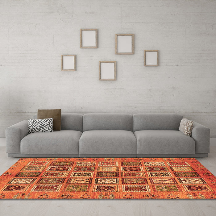 Machine Washable Abstract Orange Modern Area Rugs in a Living Room, wshabs732org