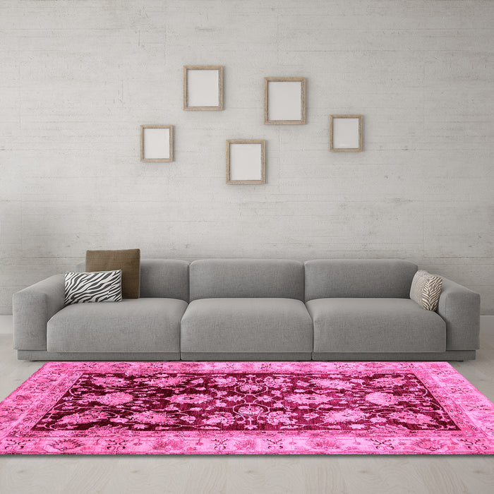 Machine Washable Oriental Pink Traditional Rug in a Living Room, wshabs733pnk