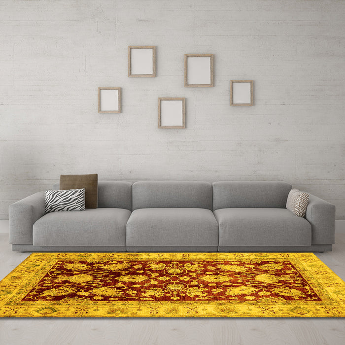 Machine Washable Oriental Yellow Traditional Rug in a Living Room, wshabs733yw