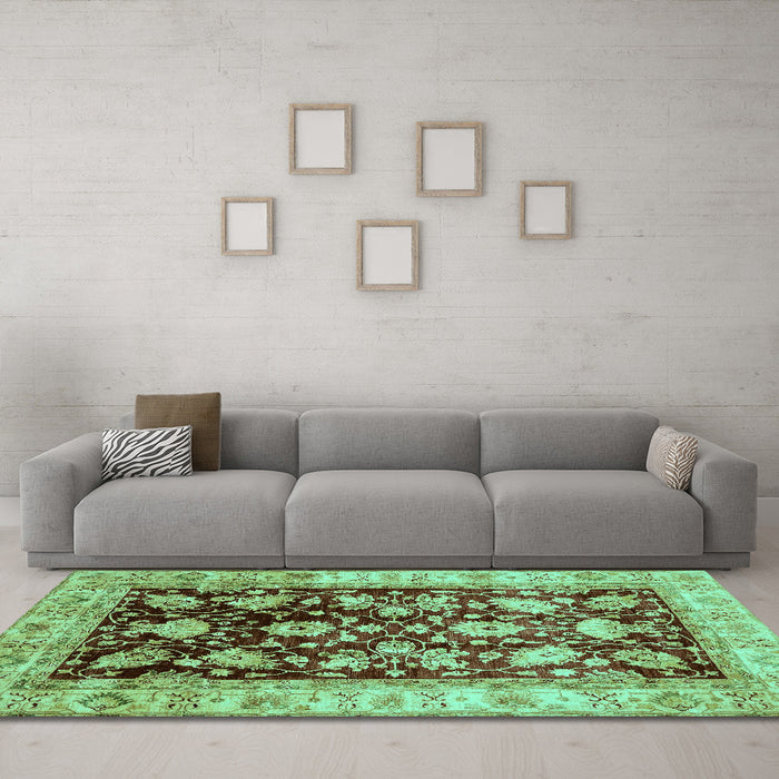 Machine Washable Oriental Turquoise Traditional Area Rugs in a Living Room,, wshabs733turq