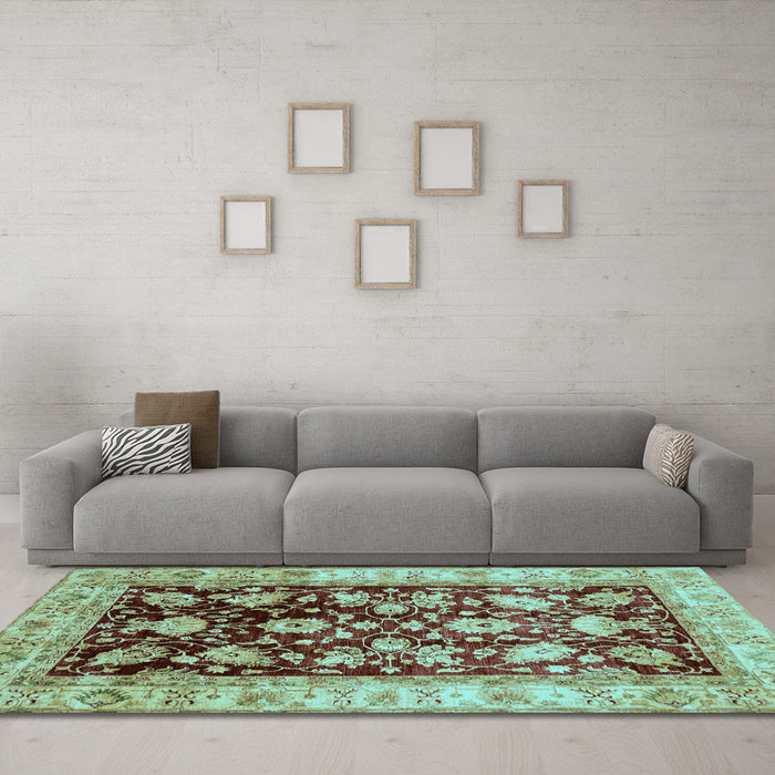 Machine Washable Oriental Light Blue Traditional Rug in a Living Room, wshabs733lblu