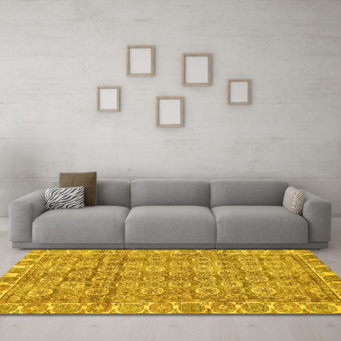 Machine Washable Oriental Yellow Traditional Rug in a Living Room, wshabs734yw