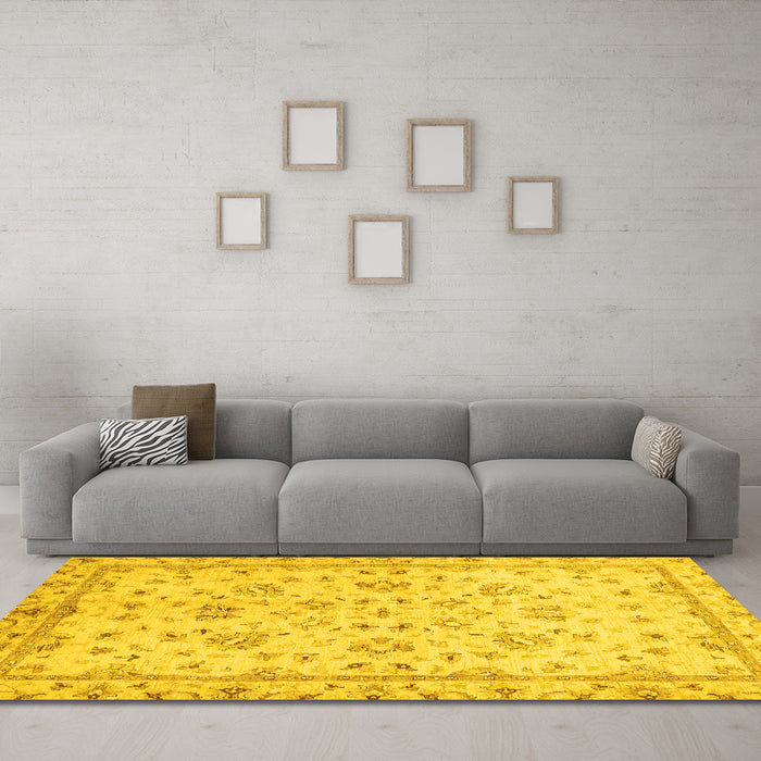 Machine Washable Oriental Yellow Traditional Rug in a Living Room, wshabs735yw