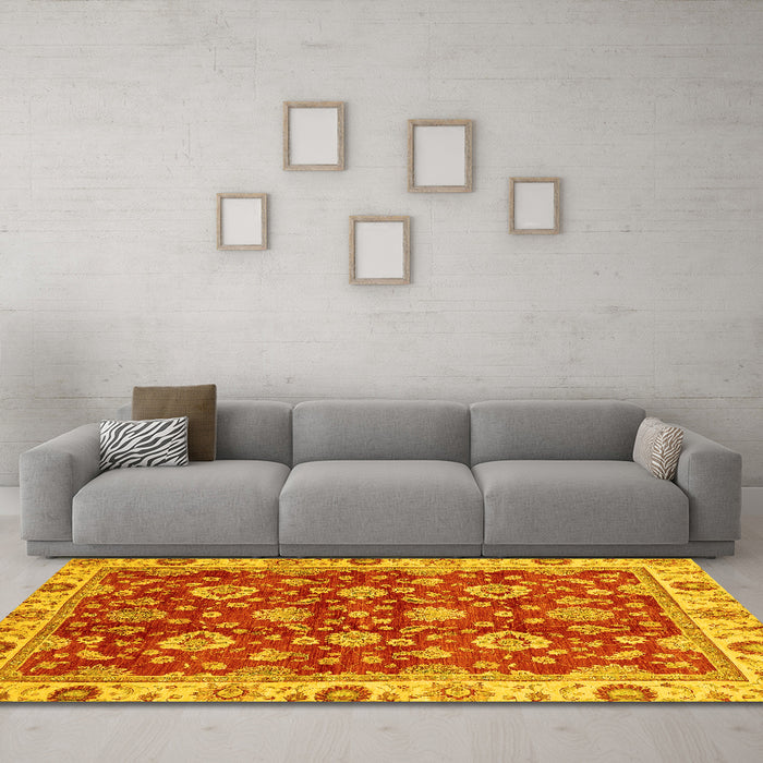 Machine Washable Oriental Yellow Traditional Rug in a Living Room, wshabs736yw