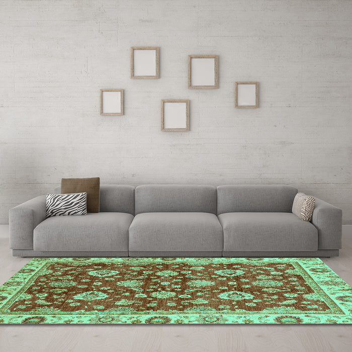 Machine Washable Oriental Turquoise Traditional Area Rugs in a Living Room,, wshabs736turq
