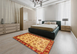 Abstract Orange Red Oriental Rug in a Bedroom, abs737