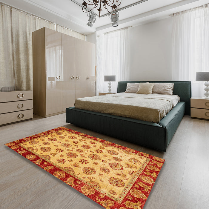 Abstract Orange Red Oriental Rug in a Bedroom, abs737