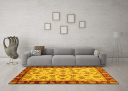 Machine Washable Oriental Yellow Traditional Rug in a Living Room, wshabs737yw