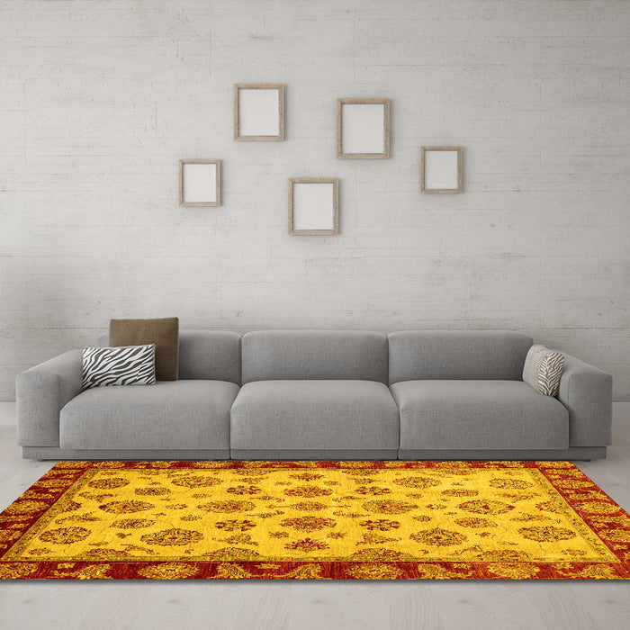 Machine Washable Oriental Yellow Traditional Rug in a Living Room, wshabs737yw