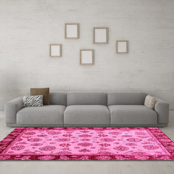 Machine Washable Oriental Pink Traditional Rug in a Living Room, wshabs737pnk