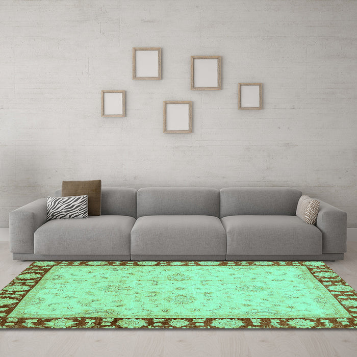 Machine Washable Oriental Turquoise Traditional Area Rugs in a Living Room,, wshabs738turq