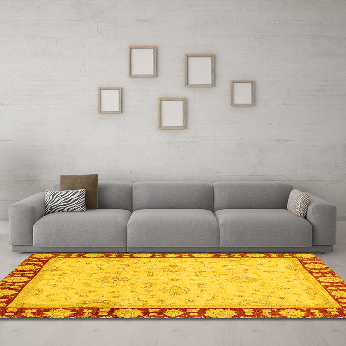 Machine Washable Oriental Yellow Traditional Rug in a Living Room, wshabs738yw