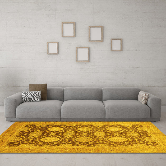 Machine Washable Oriental Yellow Traditional Rug in a Living Room, wshabs739yw