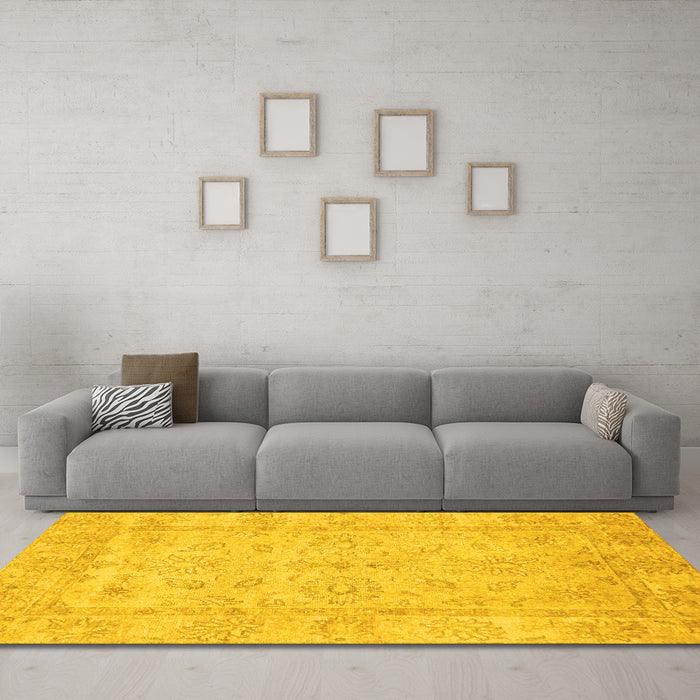 Machine Washable Oriental Yellow Traditional Rug in a Living Room, wshabs744yw