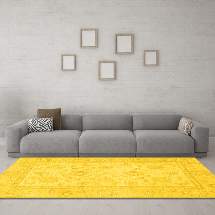 Machine Washable Oriental Yellow Traditional Rug in a Living Room, wshabs747yw