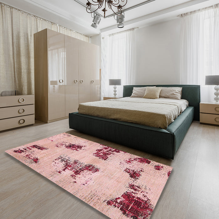 Machine Washable Abstract Deep Rose Pink Rug in a Bedroom, wshabs749