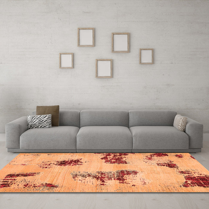 Machine Washable Abstract Orange Modern Area Rugs in a Living Room, wshabs749org