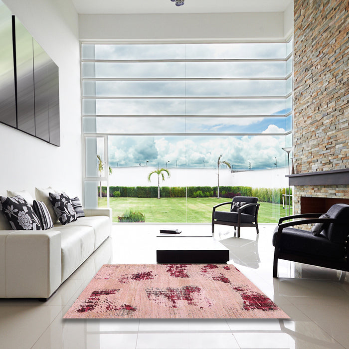 Square Machine Washable Abstract Deep Rose Pink Rug in a Living Room, wshabs749