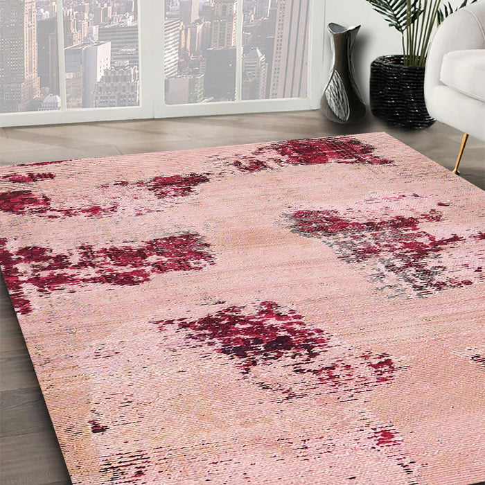 Machine Washable Abstract Deep Rose Pink Rug in a Family Room, wshabs749