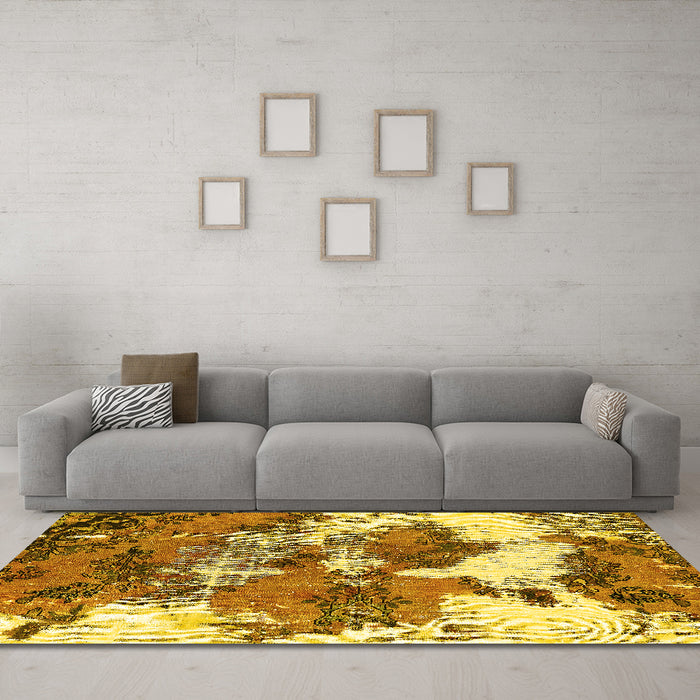 Machine Washable Abstract Yellow Modern Rug in a Living Room, wshabs753yw