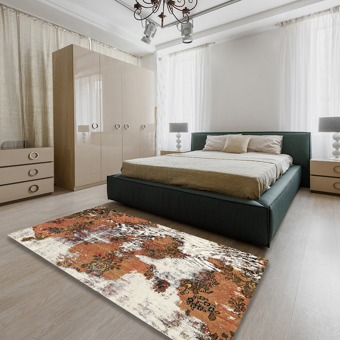 Machine Washable Abstract Saddle Brown Rug in a Bedroom, wshabs753