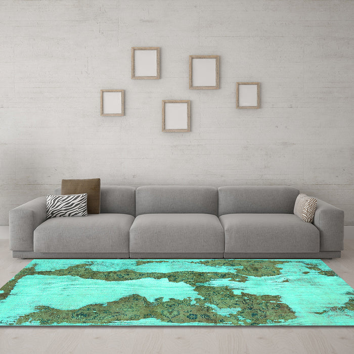 Machine Washable Abstract Turquoise Modern Area Rugs in a Living Room,, wshabs755turq