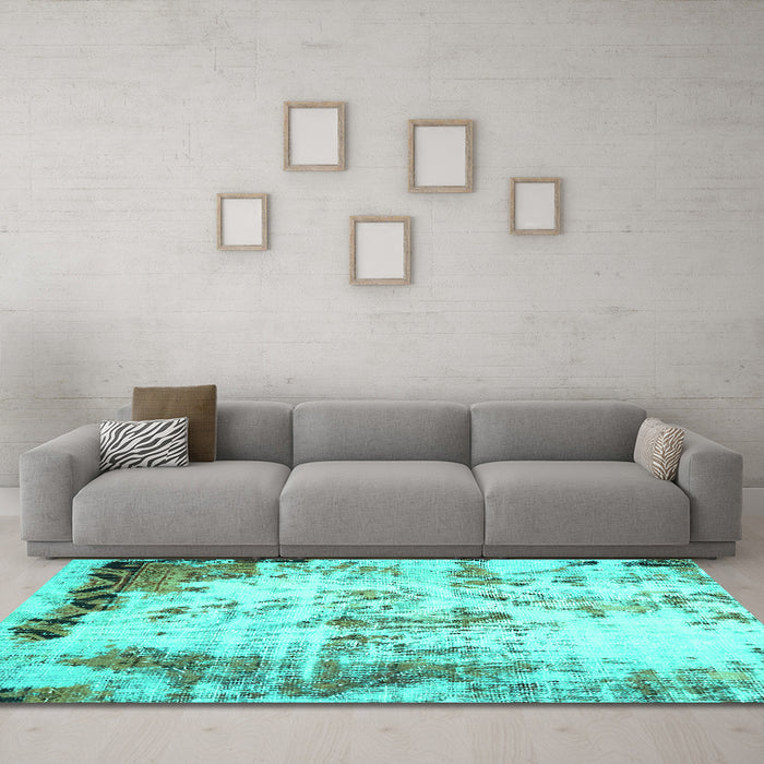 Machine Washable Abstract Turquoise Modern Area Rugs in a Living Room,, wshabs759turq