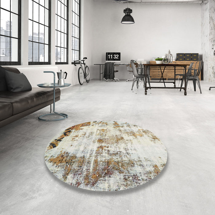 Round Abstract Dark Almond Brown Modern Rug in a Office, abs759